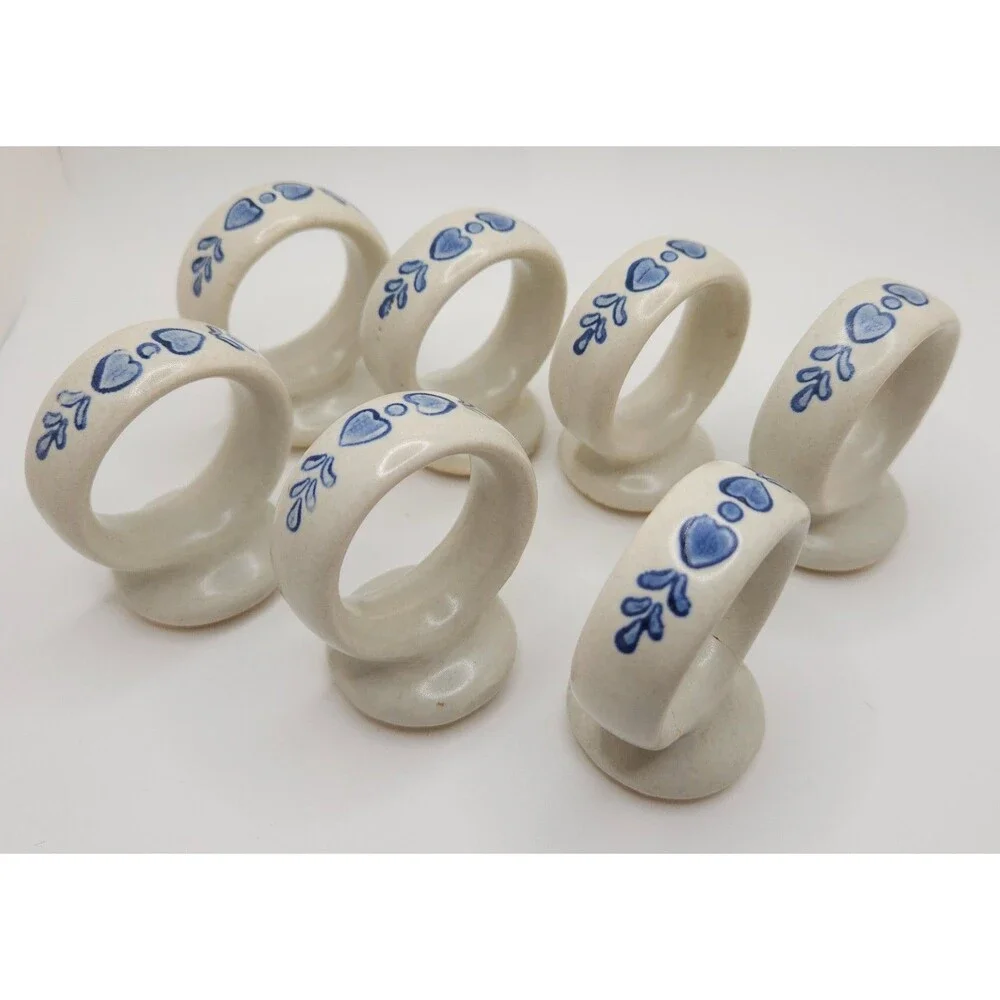 Set of 7 Vtg Pfaltzgraff Yorktowne Ceramic Stoneware Footed Napkin Rings Blue